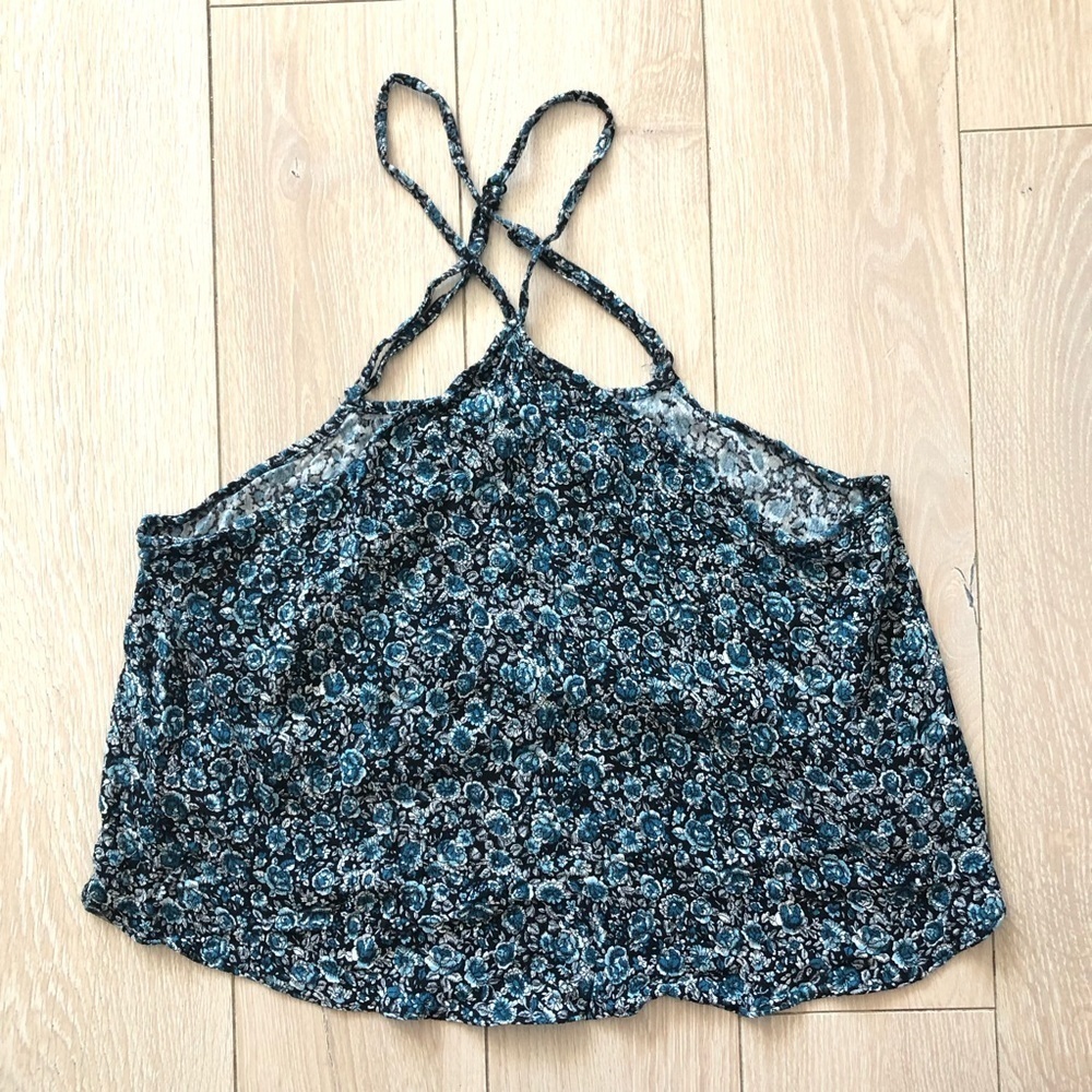 American Eagle Outfitters Floral Print Cross Back Summer Top in Black & Blue